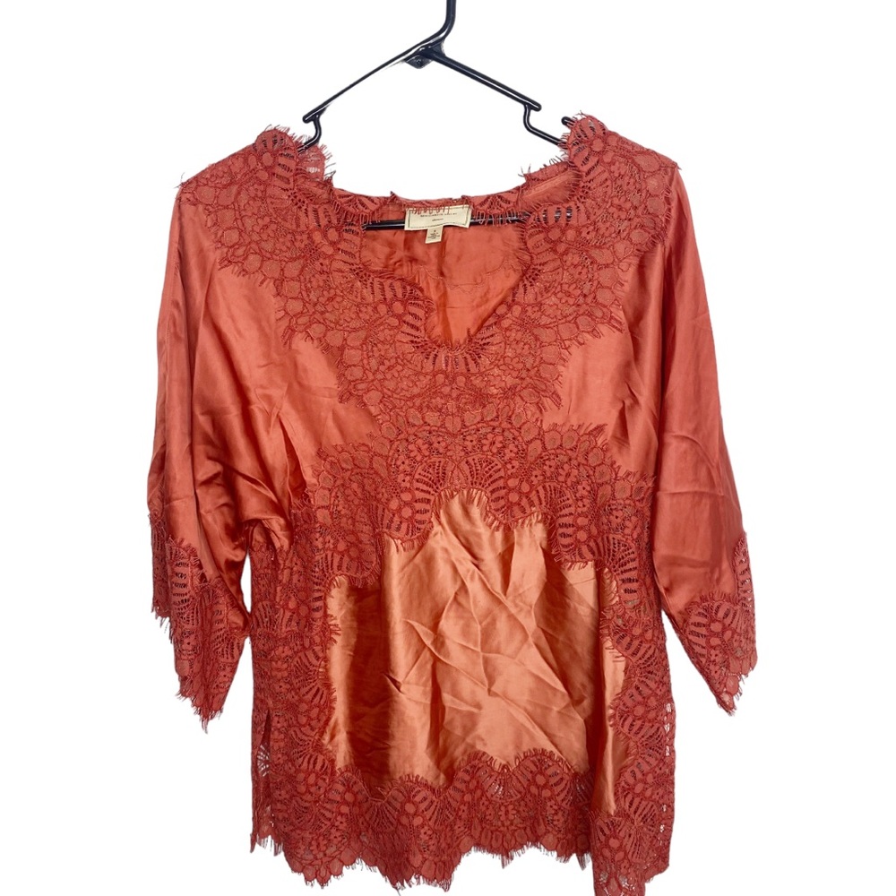 Moulinette Souers small Top Blouse Orange Red Lace Lacy V Neck Anthropologie L